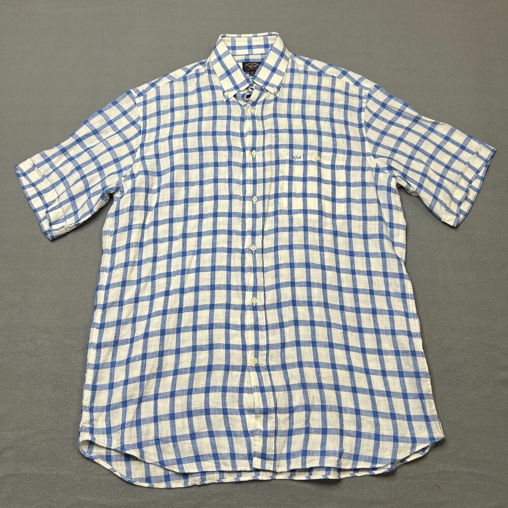 Paul & Shark Shirt Men's Size 41 White Blue Check Linen Short Sleeve Button-Down